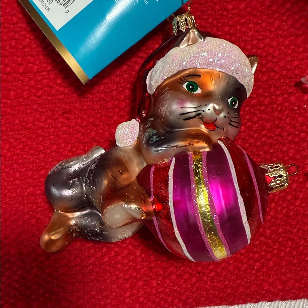 New Christopher Radko Cat Ornament with Pink and Gold Ball